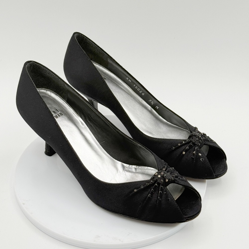 Stuart Weitzman 15026 Peep Toe Pumps Size 7.5 Women Black Satin Rhinestone Bow